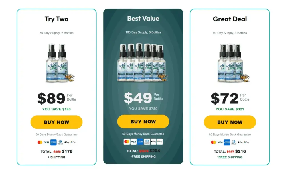Nails CleanPro pricing page showing 2 bottle, 3 bottle, and 6 bottle bundle offers