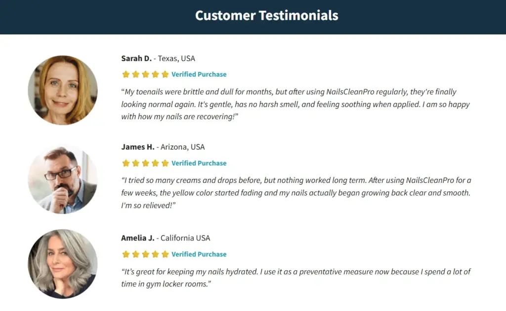 Manipulated customer testimonials on the Nails Clean Pro website