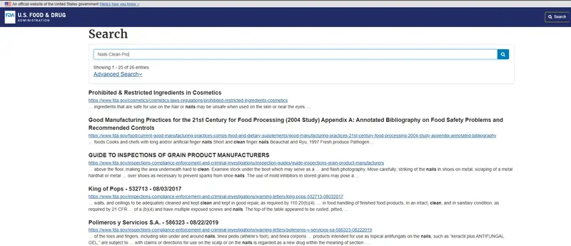 FDA website search results for Nail Pro