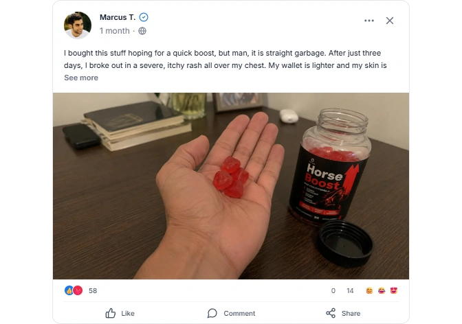 Customer holding gummies in hand of Horse Fil supplement
