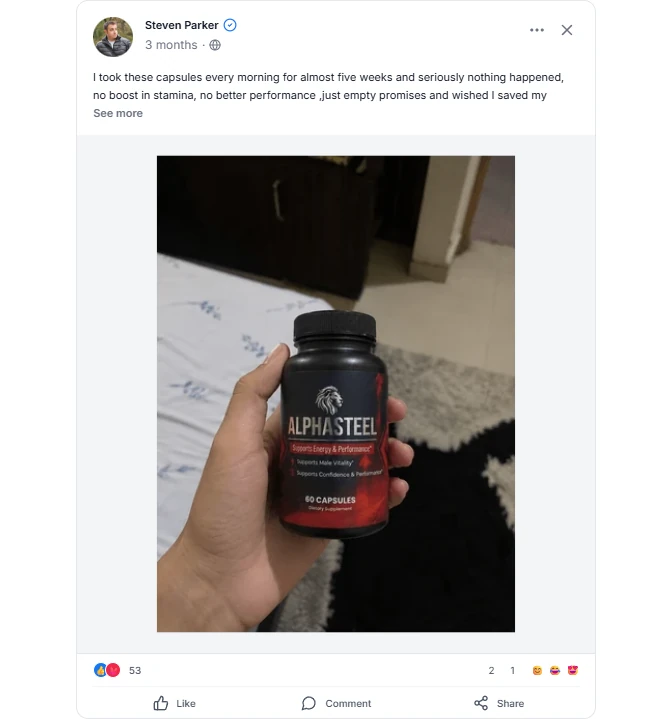 Customer holding bottle of AlphaSteel supplement