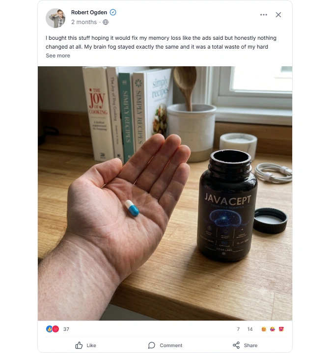 Customer holding capsule of Javacept supplement.