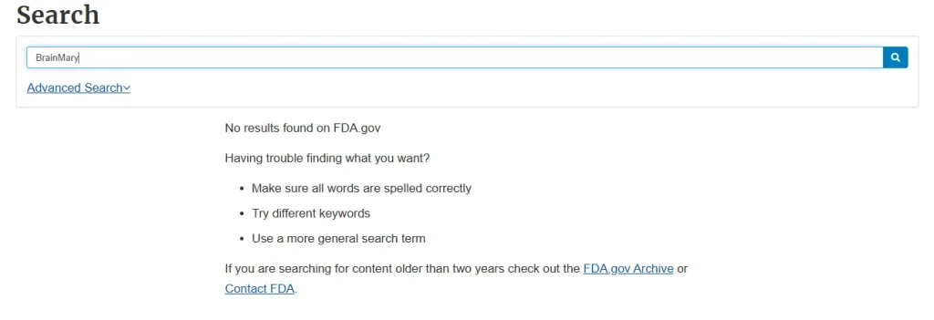 brainmary lack of fda approval