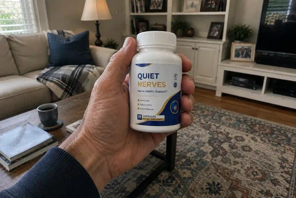 Customer holding quietnerve bottle